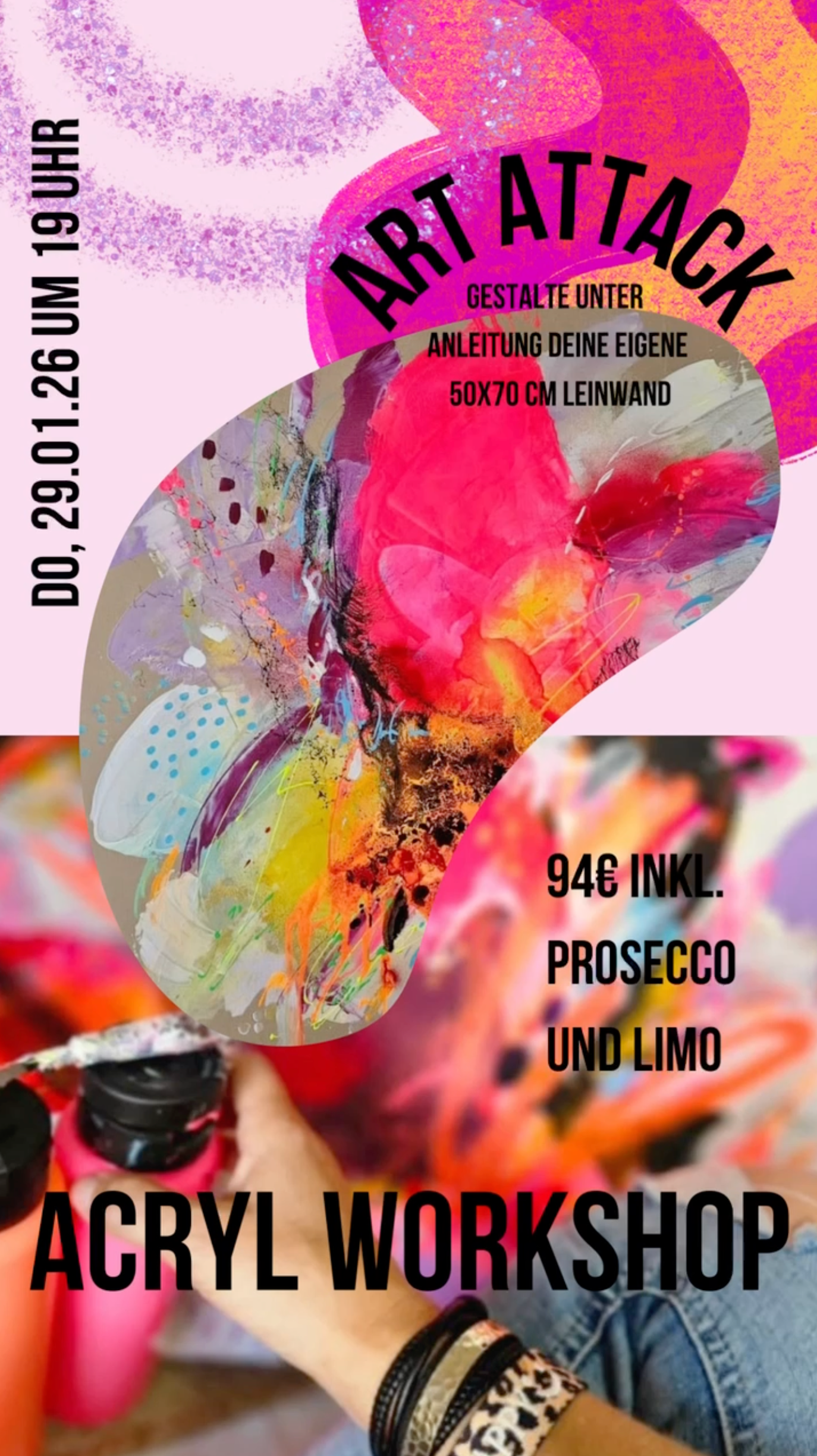 Art Attack Acryl Workshop in Berchtesgaden am 29. Januar 2026. Kreatives Kunst-Event mit Anleitung, 50x70 cm Leinwand gestalten, inklusive Prosecco und Limonade.